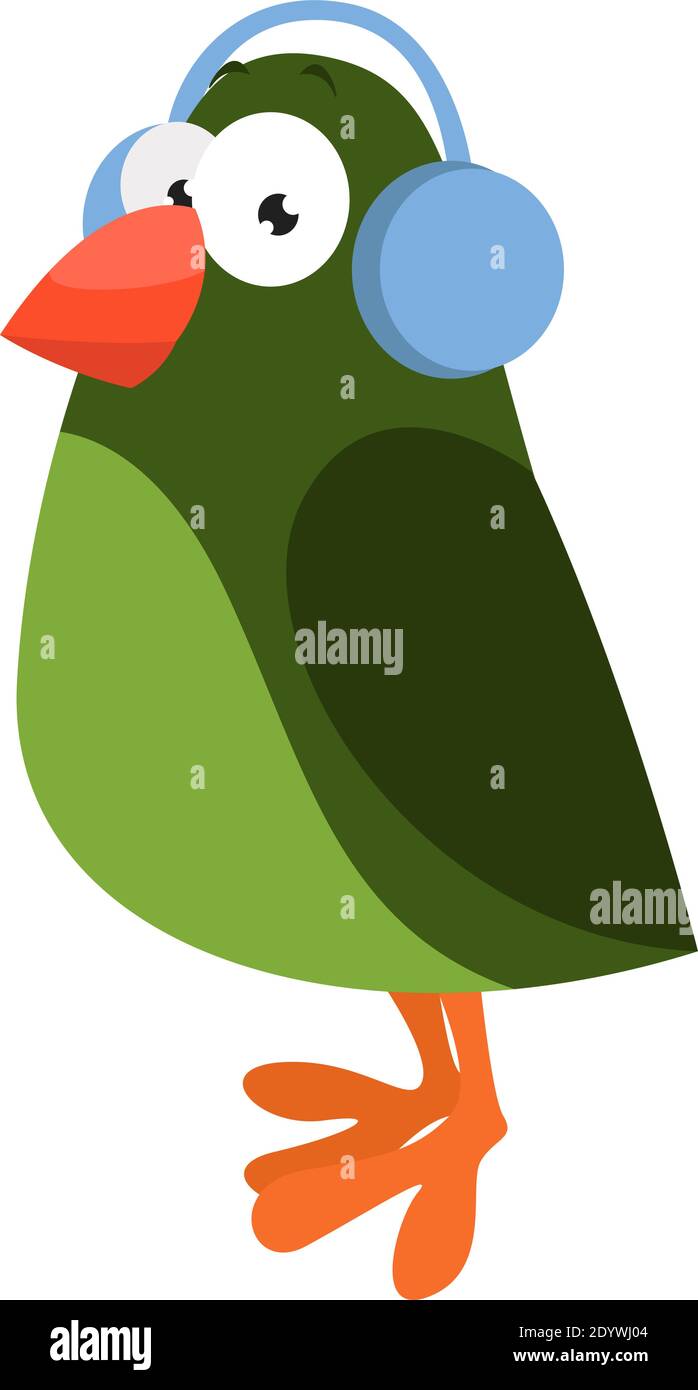 Bird listening to music, illustration, vector on a white background