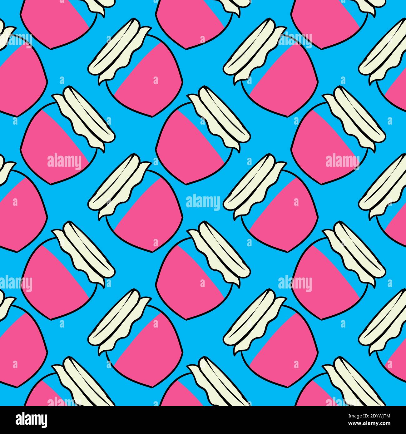 Jar with pink jam,seamless pattern on blue background. Stock Vector