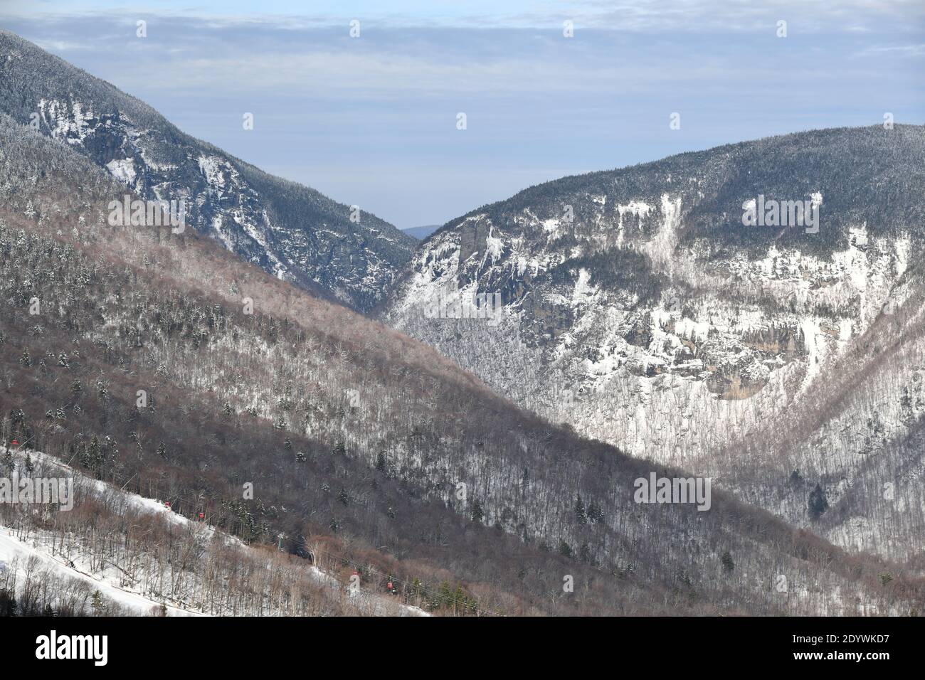 Stowe Ski Resort in Vermont, view to the the Smugglers Notch pass, December fresh snow on trees early season in VT, panoramic hi-resolution image Stock Photo
