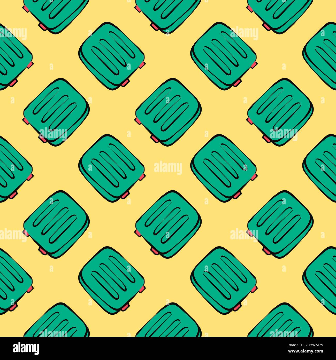 Green suitcase,seamless pattern on yellow background. Stock Vector