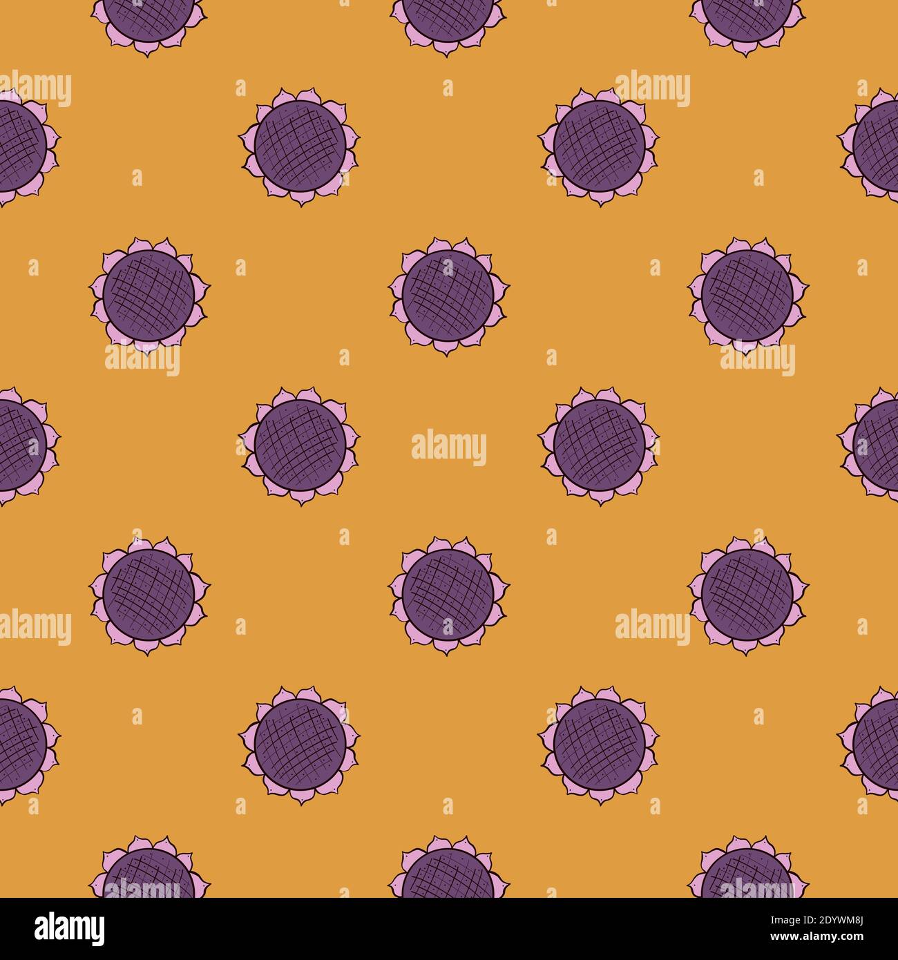 Purple sunflowers,seamless pattern on orange background. Stock Vector