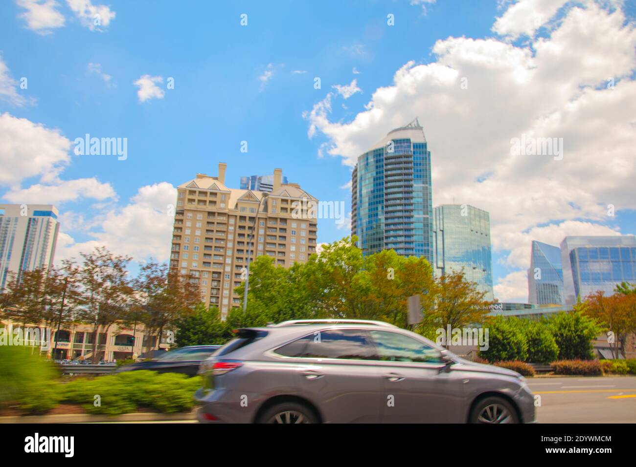 Atlanta, Ga USA 05 13 20 Traffic in motion and the cityscape of