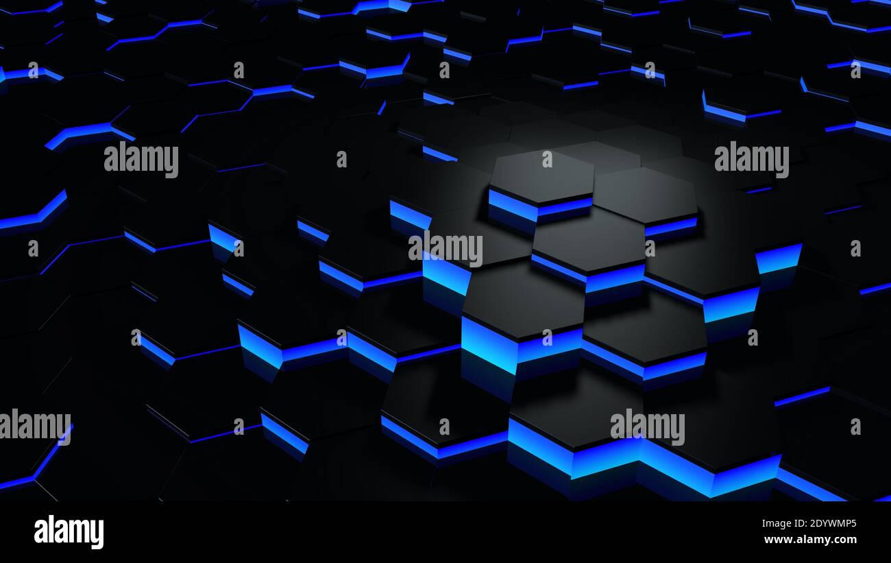 3D Futuristic rendering blue and black abstract honeycomb hexagon ...