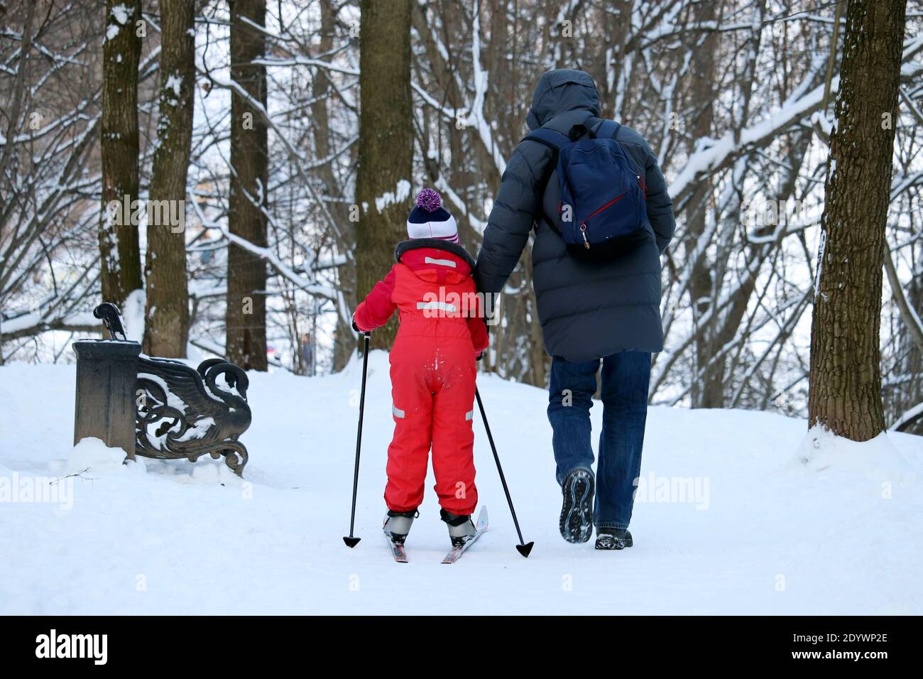 Father and little daughter on a ski walking in winter park. Family leisure at snow weather, man with child Stock Photo