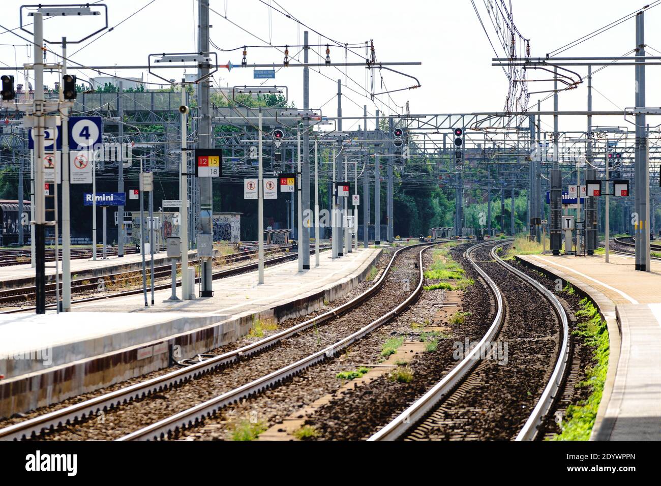View of railways railway station in Rimini, Italy. Railroad in Europe