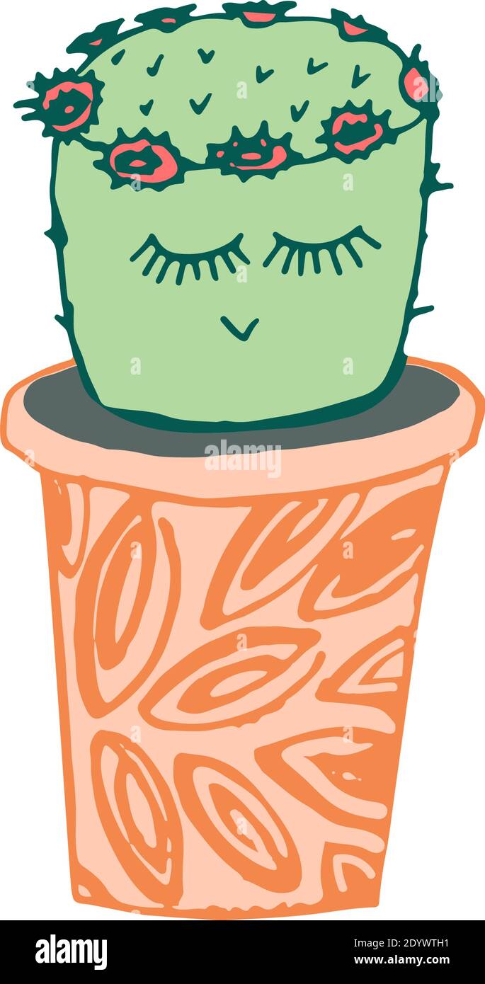 Cactus with funny kawaii face in a cute handmade pot on a white isolated background. Vector illustration Stock Vector