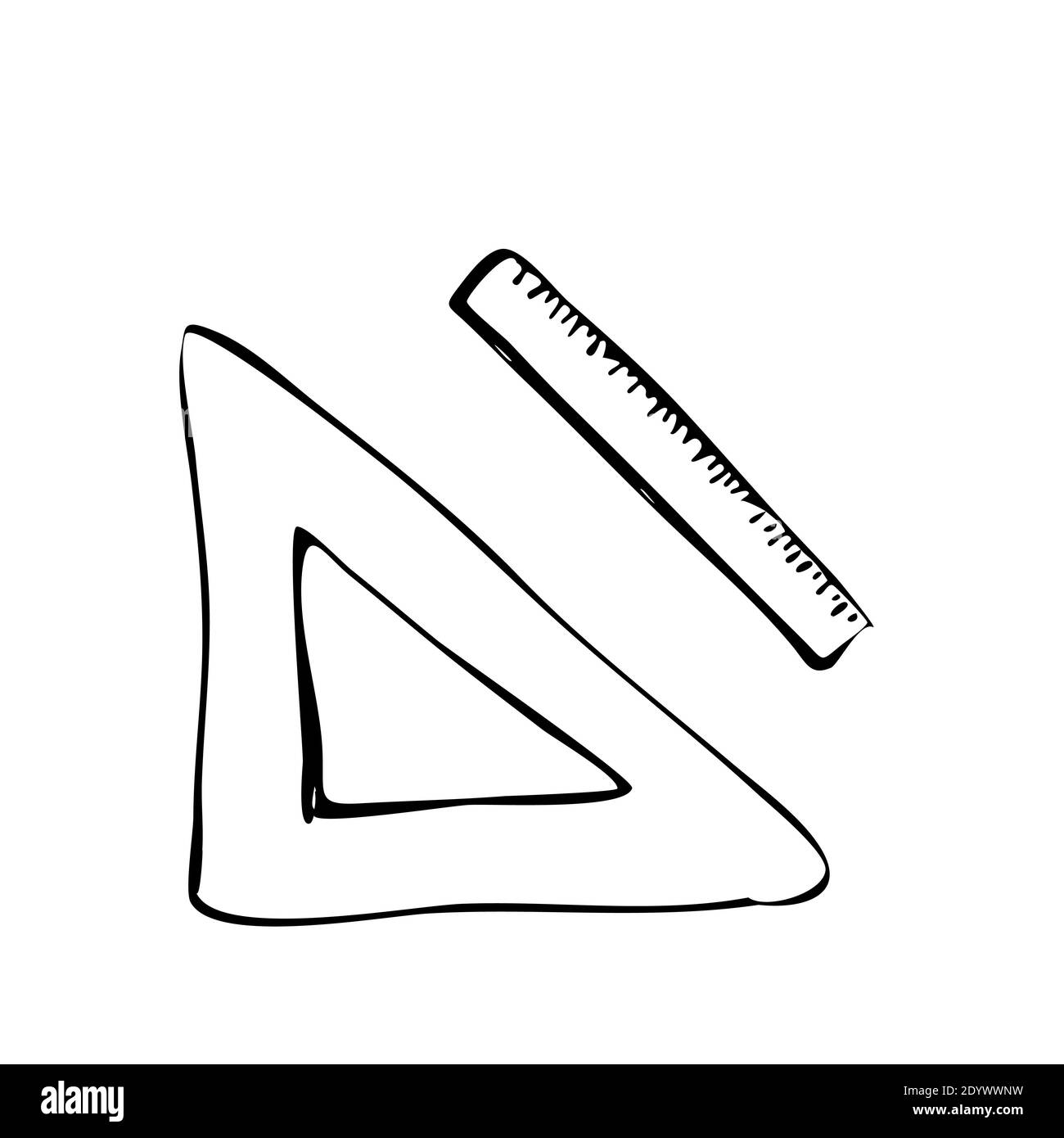A triangular ruler and a simple ruler on a white isolated background. School supplies. Sketch. Scrawl. Vector illustration Stock Vector