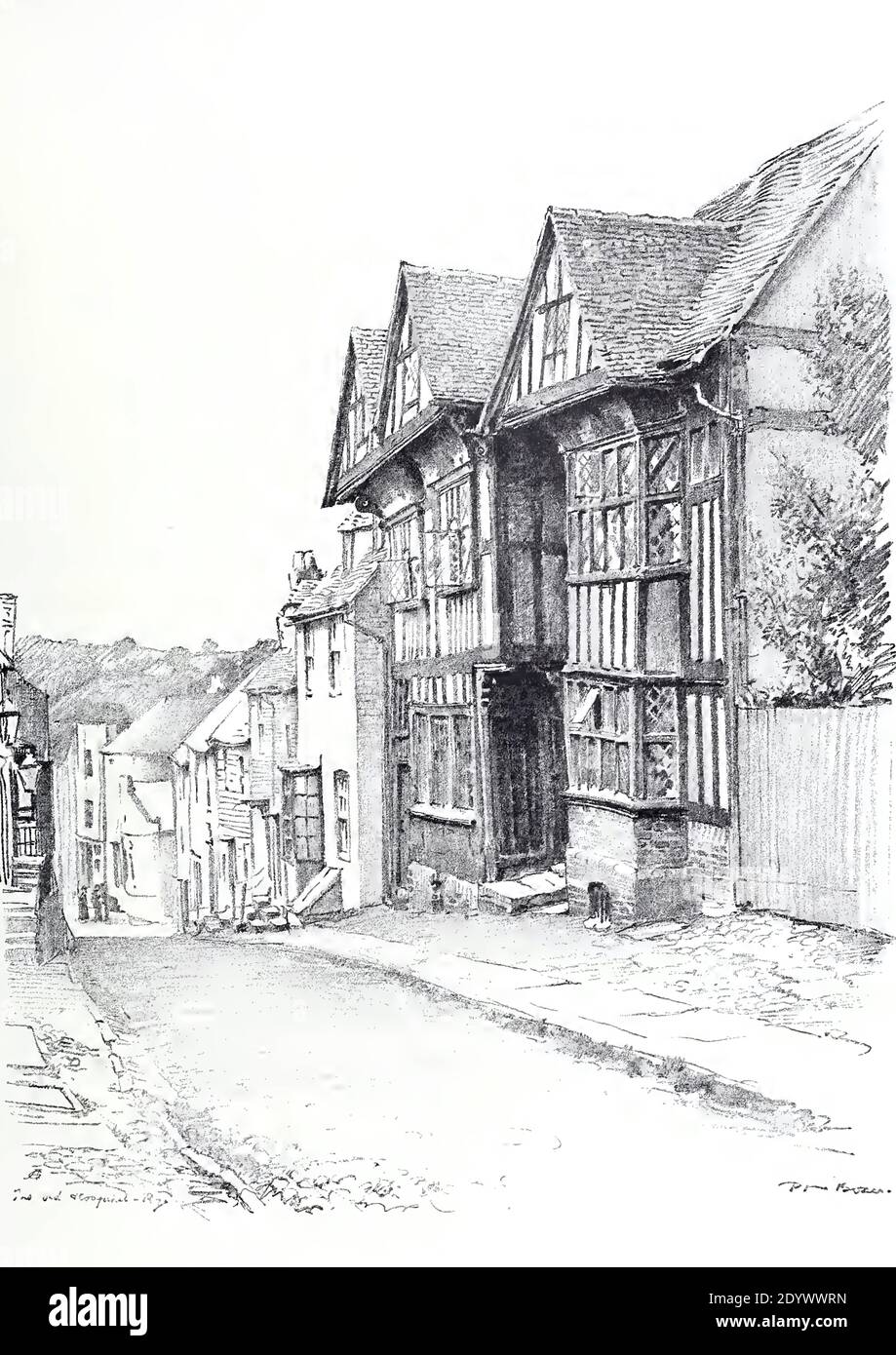 Antique vintage print of The Old Hospital, Rye, Sussex, England by Noel Boxer from Sketches of Old Rye. Stock Photo