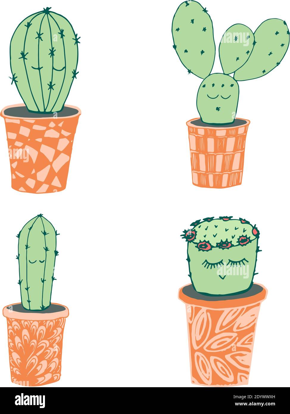 Set of cacti with funny kawaii faces in cute handmade pots on a white