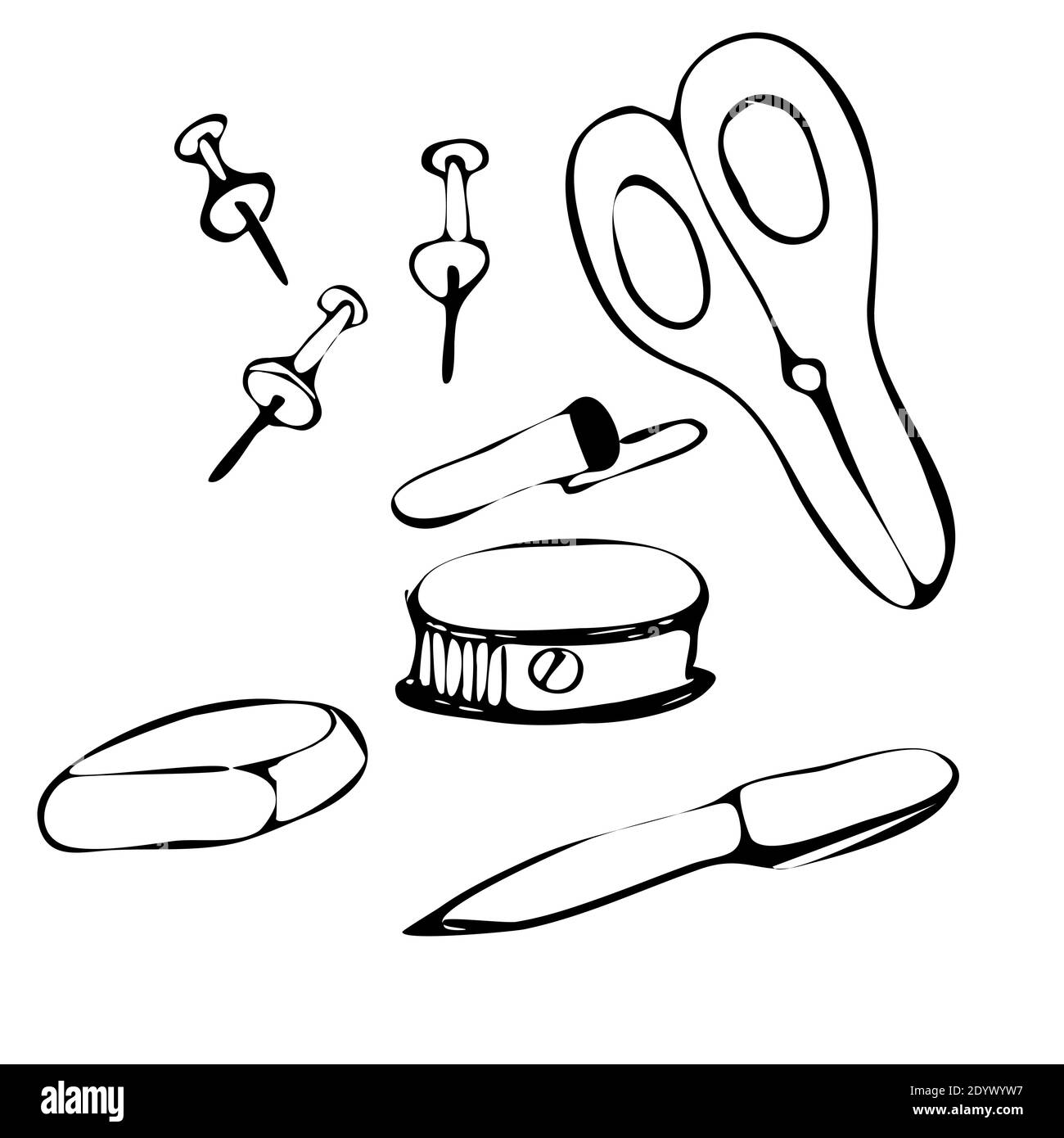 Stationery. Buttons, pen, scissor, gum, sharpener. Sketch. Style doodle. Vector illustration Stock Vector