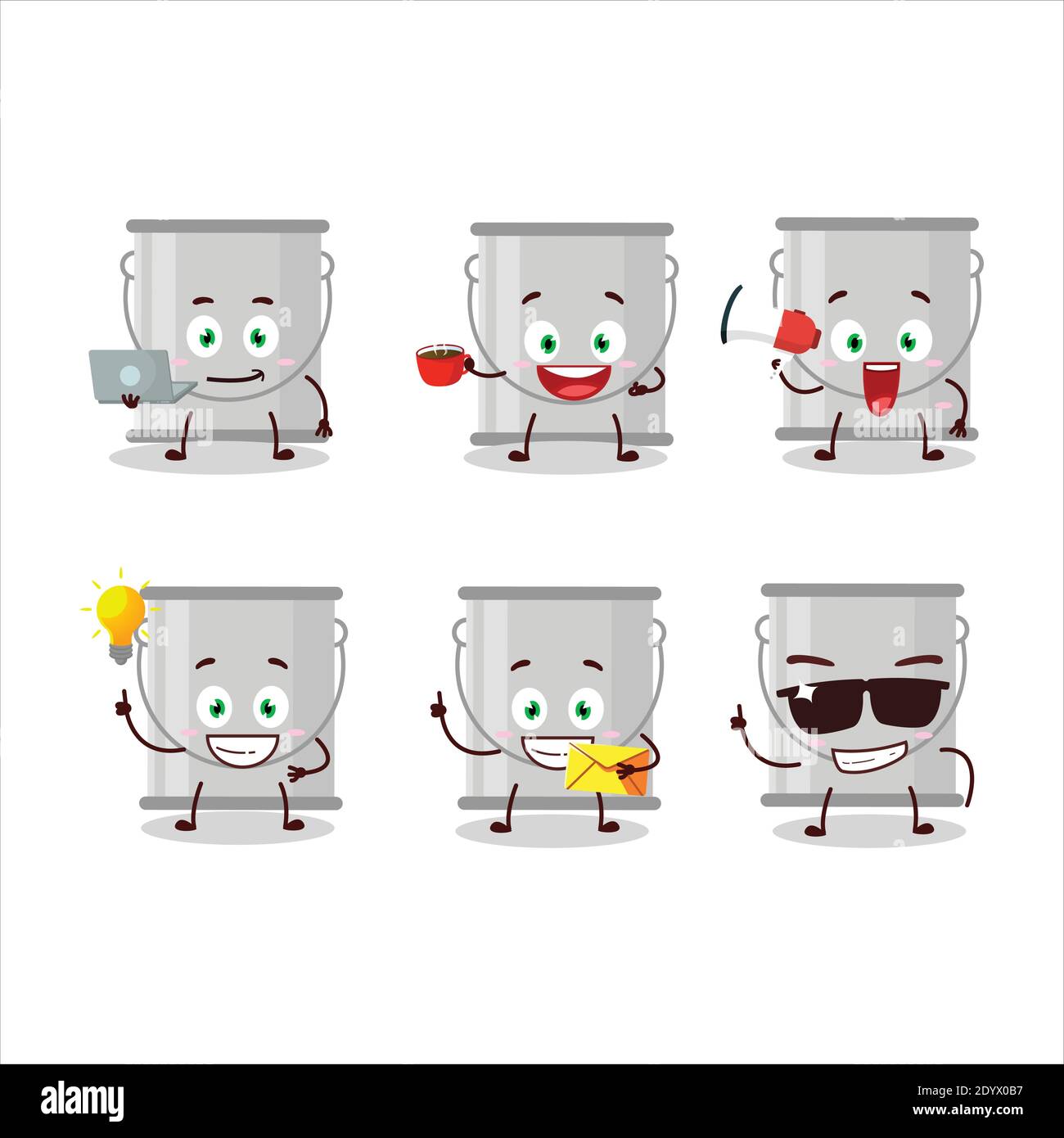 Grey paint bucket cartoon character with various types of business emoticons. Vector illustration Stock Vector