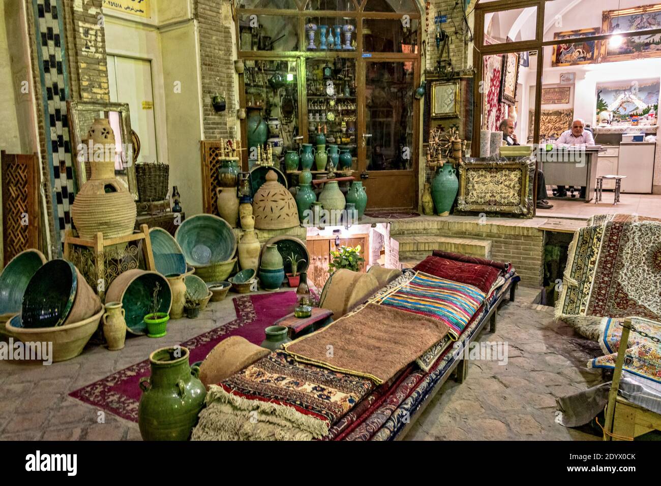 October 23, 2018. Pottery shop, Aminoddole Caravansarai or Timche Plaza, Kashan bazaar, Kashan, Iran. Stock Photo