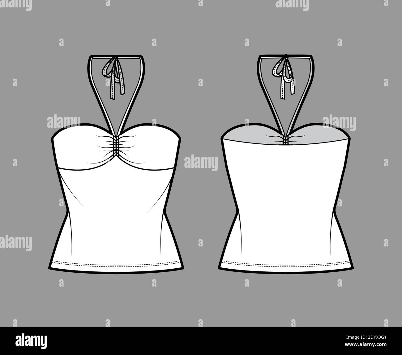 Top bandeau neck halter tank cotton-jersey technical fashion illustration  with thin tieback, slim fit, bow, tunic length. Flat outwear template  front, back, white color. Women men unisex CAD mockup Stock Vector Image