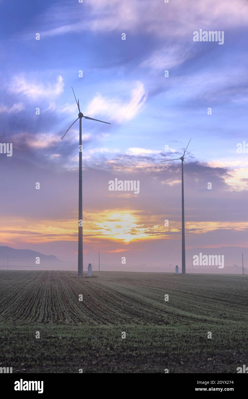 Renewable energy: wind power at sunset. Stock Photo