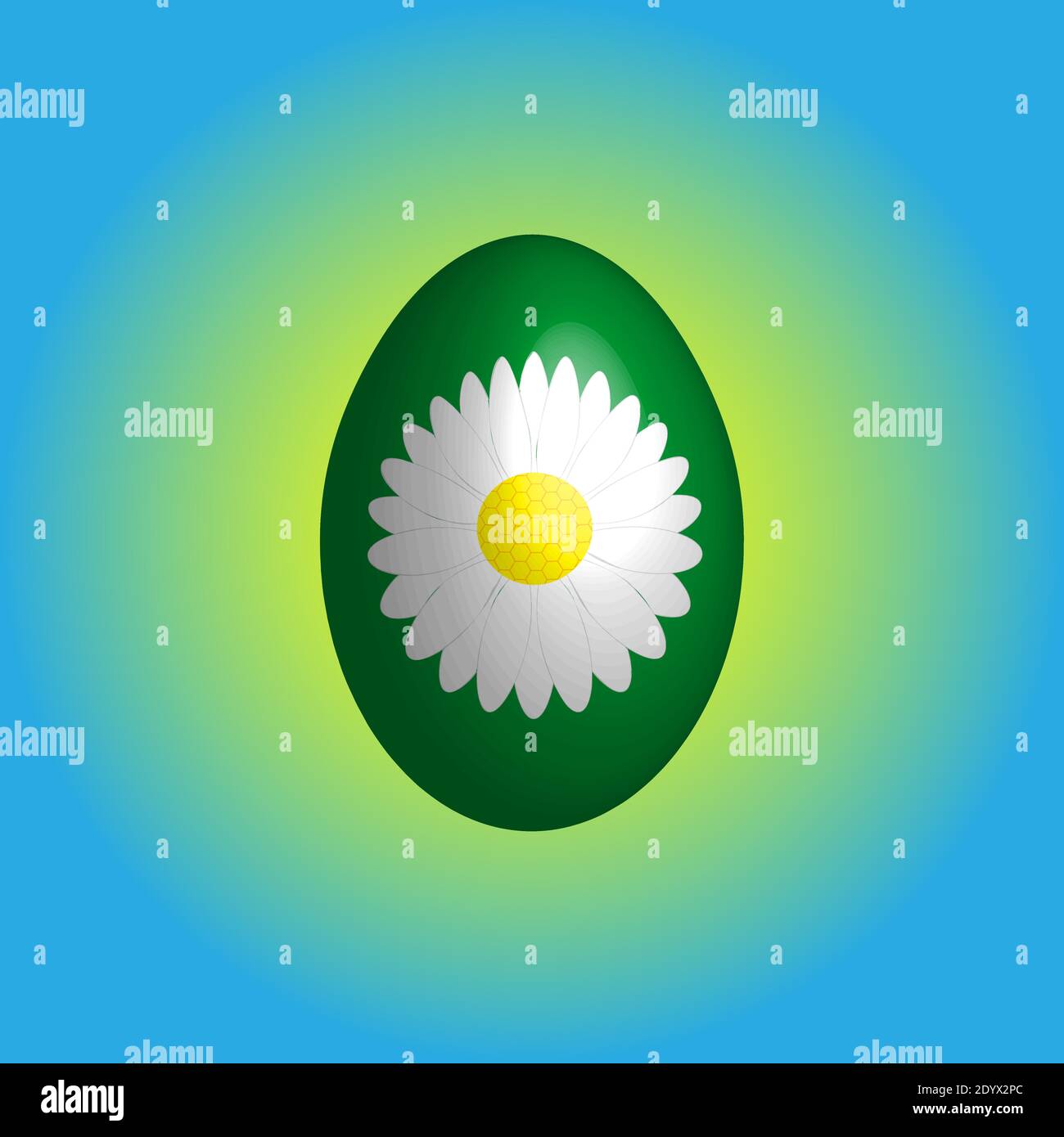 Green Easter egg with white chamomile flower. Stock Vector