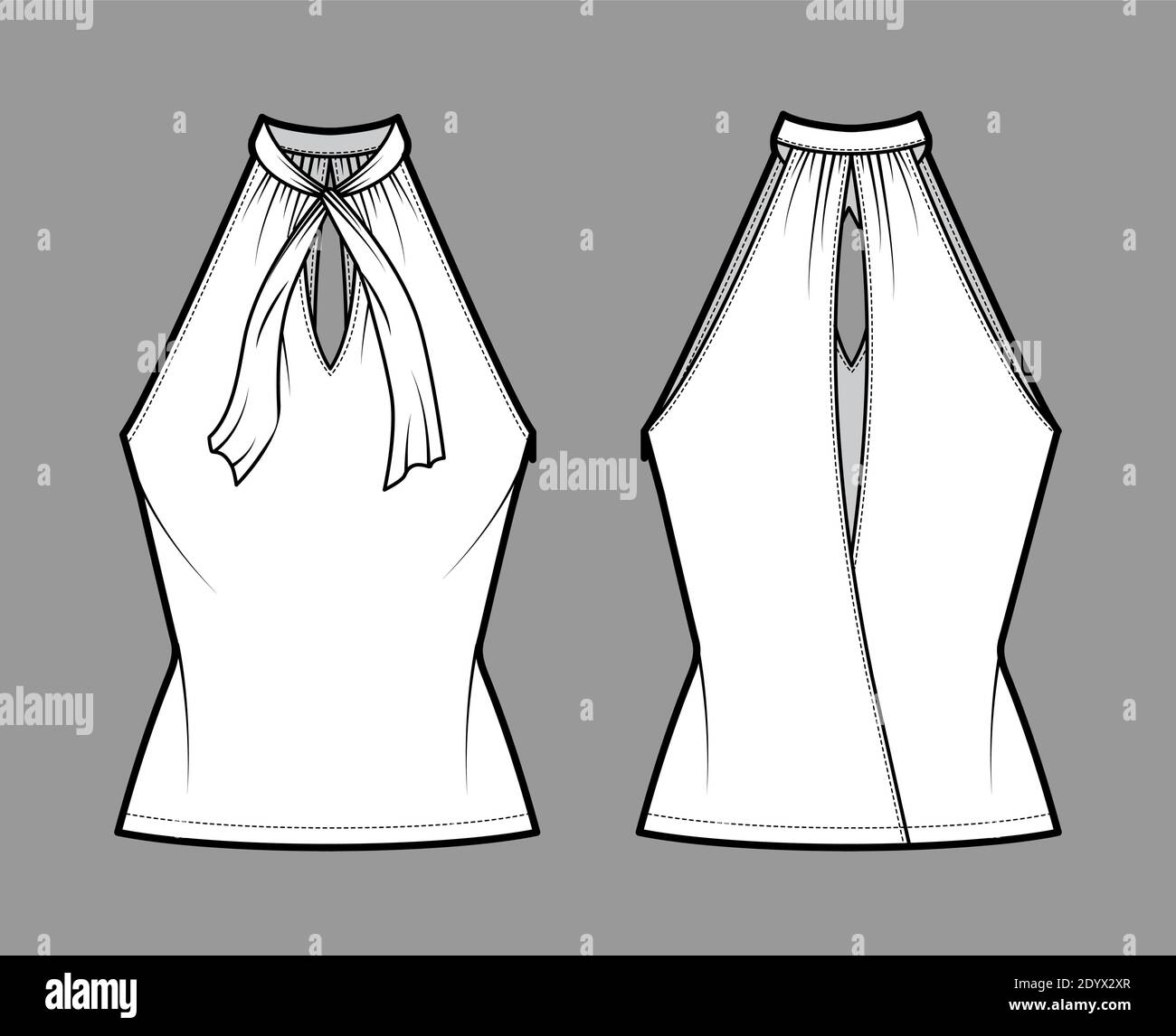 Top Vneck halter tank technical fashion illustration with tie, wrap