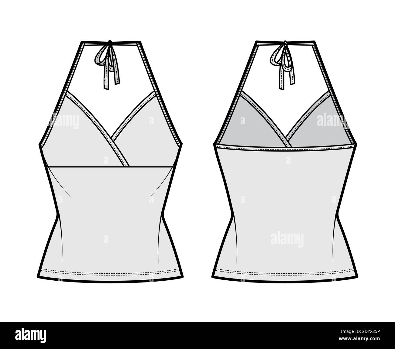 Top halter neck surplice tank cotton-jersey technical fashion illustration with empire seam, bow, slim fit, tunic length. Flat outwear template front, back, grey color. Women men unisex CAD mockup Stock Vector