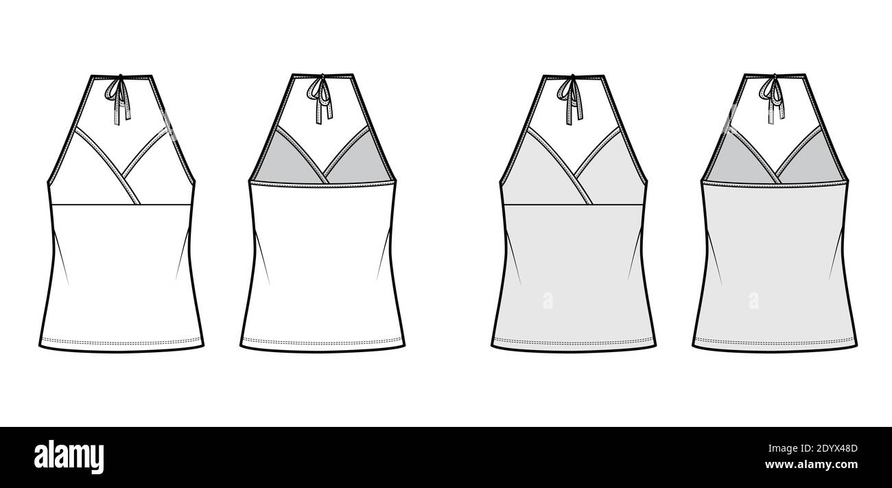 Top halter neck surplice tank cotton-jersey technical fashion illustration with empire seam, bow, oversized, tunic length. Flat outwear template front, back, white, grey color. Women men CAD mockup Stock Vector