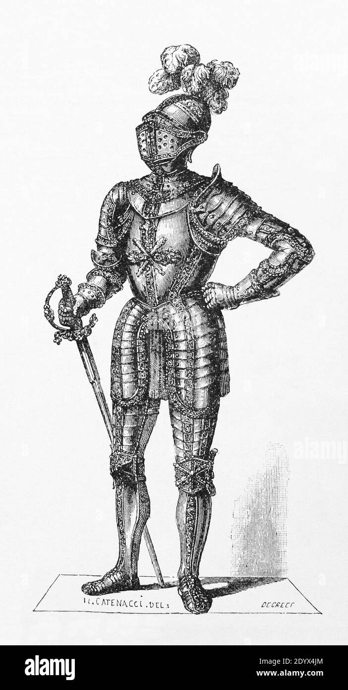 Knightly weapons of the Middle Ages. Medieval engraving. Stock Photo