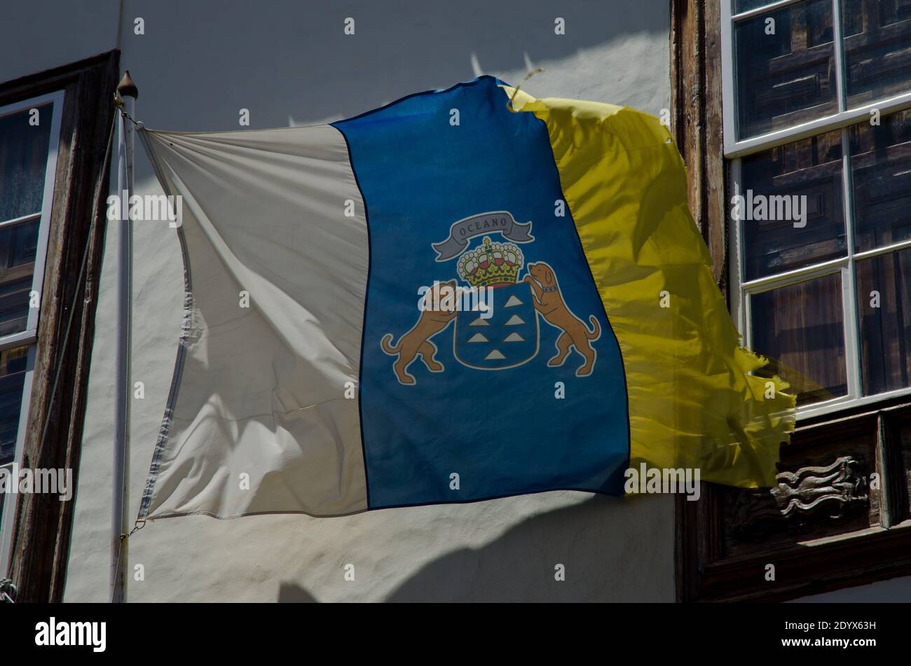 Flag of the Autonomous Community of the Canary Islands. Montanes House. San Cristobal de La Laguna. Tenerife. Canary Islands. Spain. Stock Photo