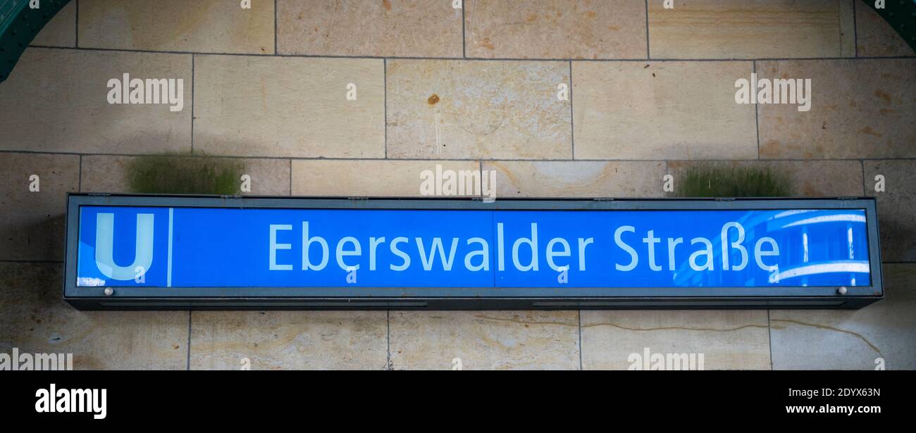BERLIN, GERMANY - Jul 12, 2020: BERLIN, GERMANY JULY 12, 2020. The blue sign of the U Bahn station Eberswalder Strasse. Stock Photo