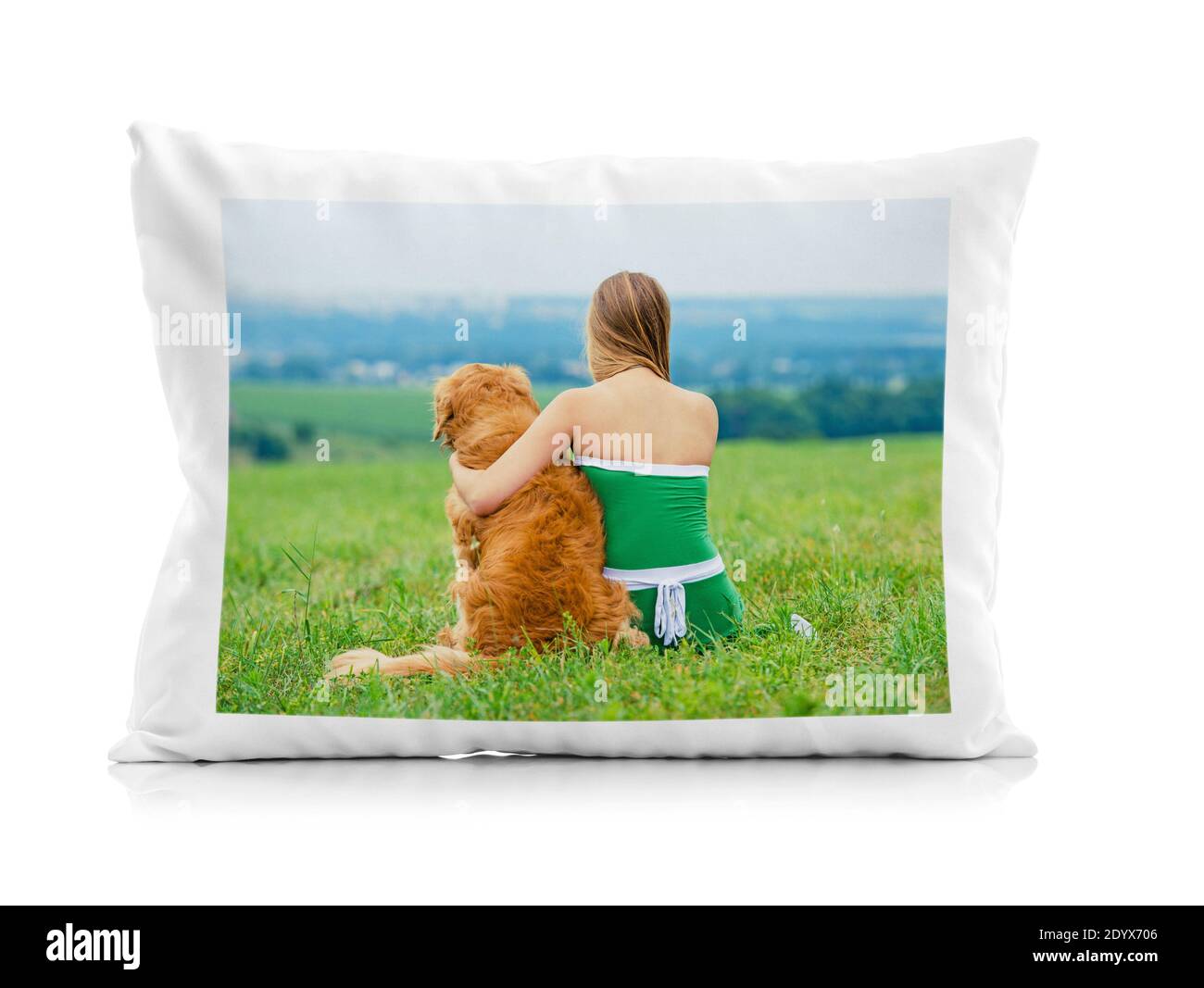 White pillowcase with personal print isolated on a white background Stock Photo