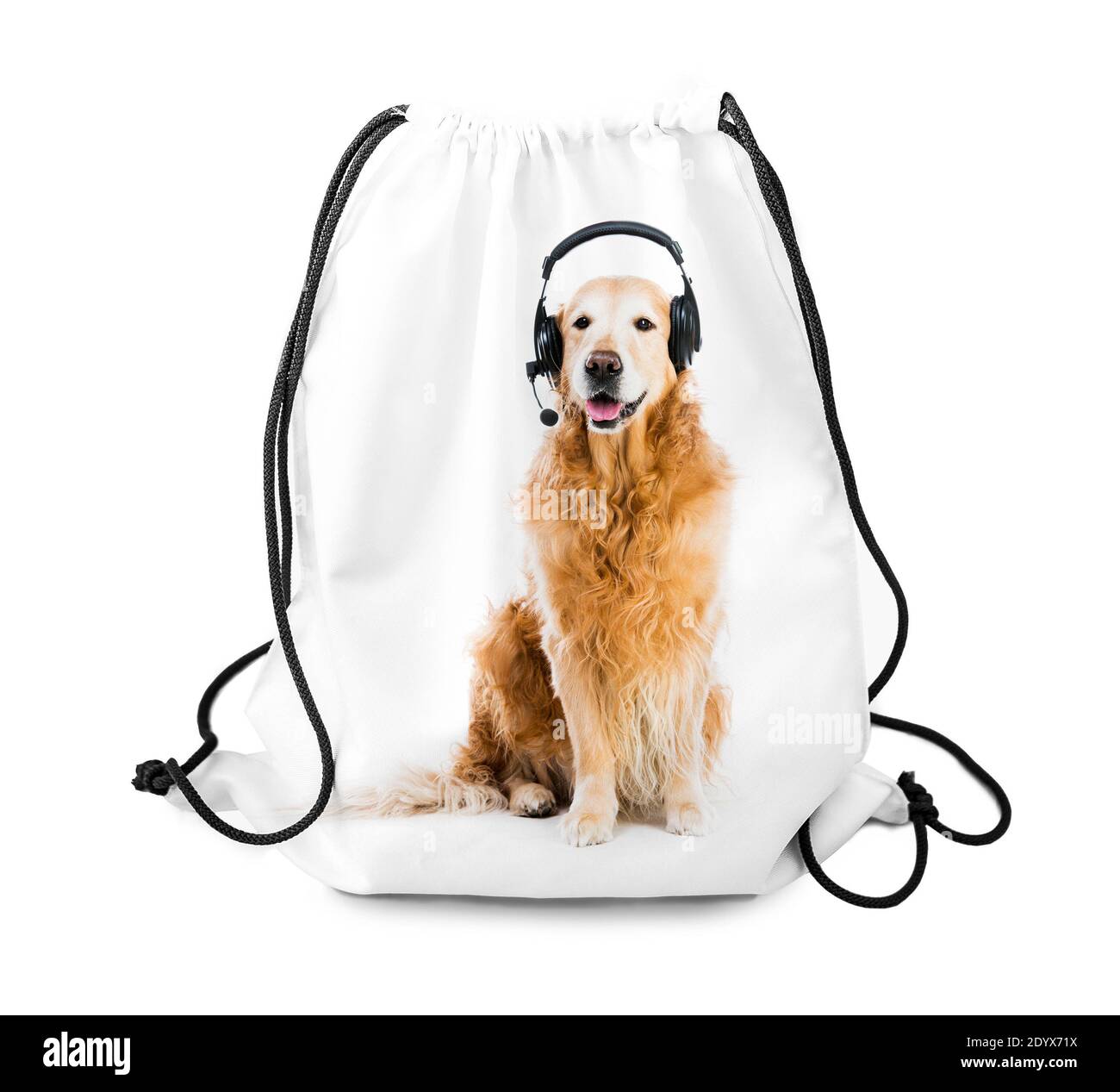 White backpack with print and black string isolated on a white background Stock Photo