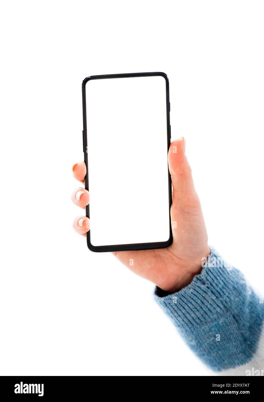 Hand holding mobile phone with white screen isolated on a white ...