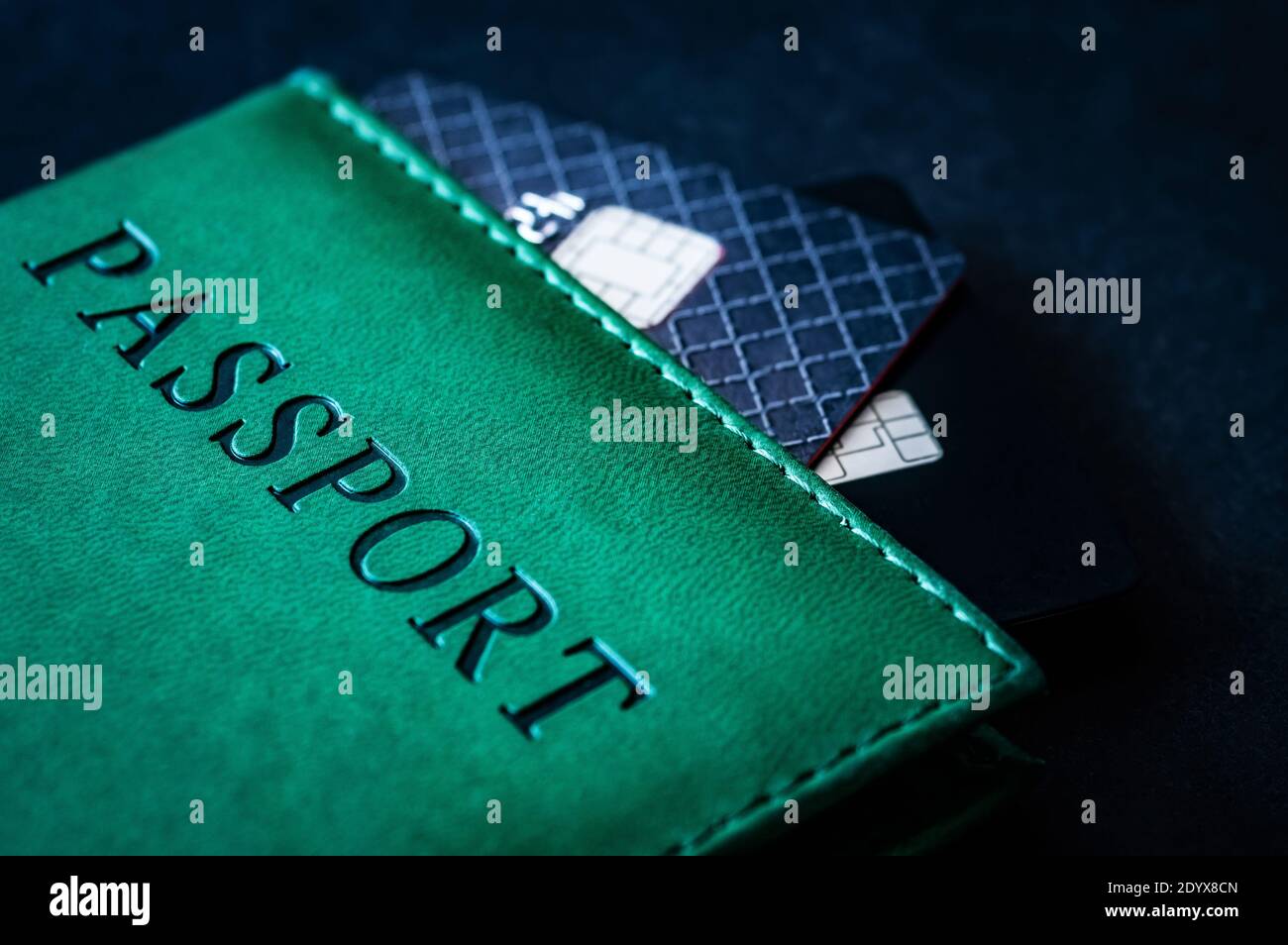 Passport with credit cards on dark background Stock Photo Alamy