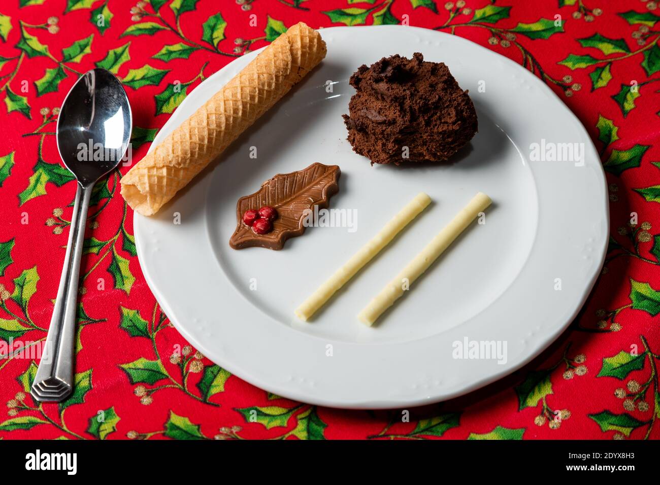 A decorated chocolate mousse (Dutch translation: Hiemelse Modder) with grandmother's receipe. A typical dessert in Maastricht during the Christmas Stock Photo