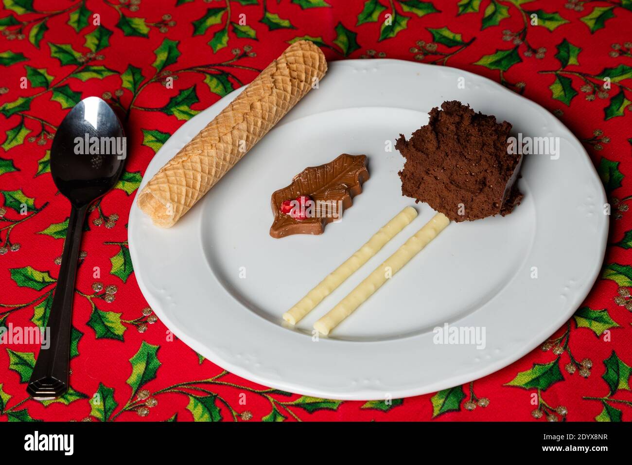 A decorated chocolate mousse (Dutch translation: Hiemelse Modder) with grandmother's receipe. A typical dessert in Maastricht during the Christmas Stock Photo