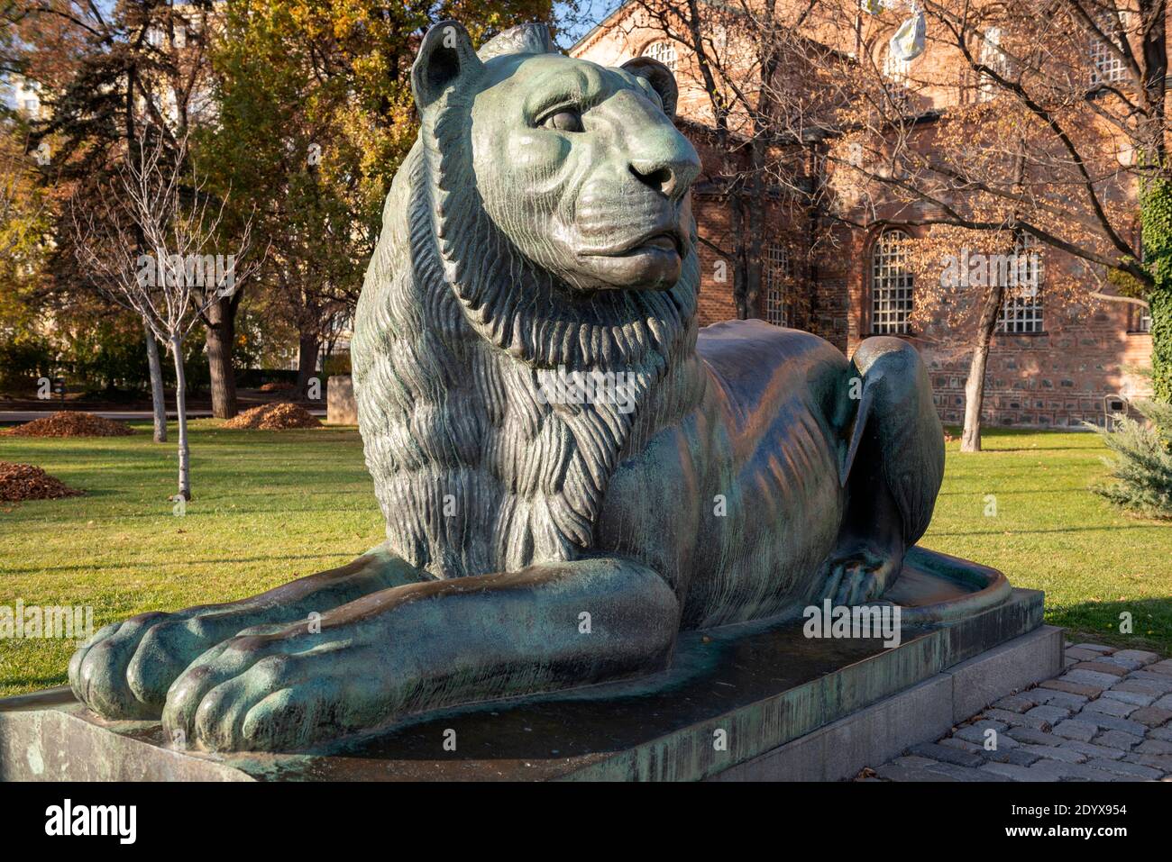 Lion sculpture as the national symbol of Bulgaria at the Monument of the Unknown Warrior as must visit sightseeing landmark Sofia Bulgaria, Balkans EU Stock Photo