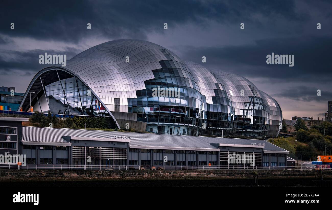 The Sage Gateshead above HMS Calliope. Stock Photo