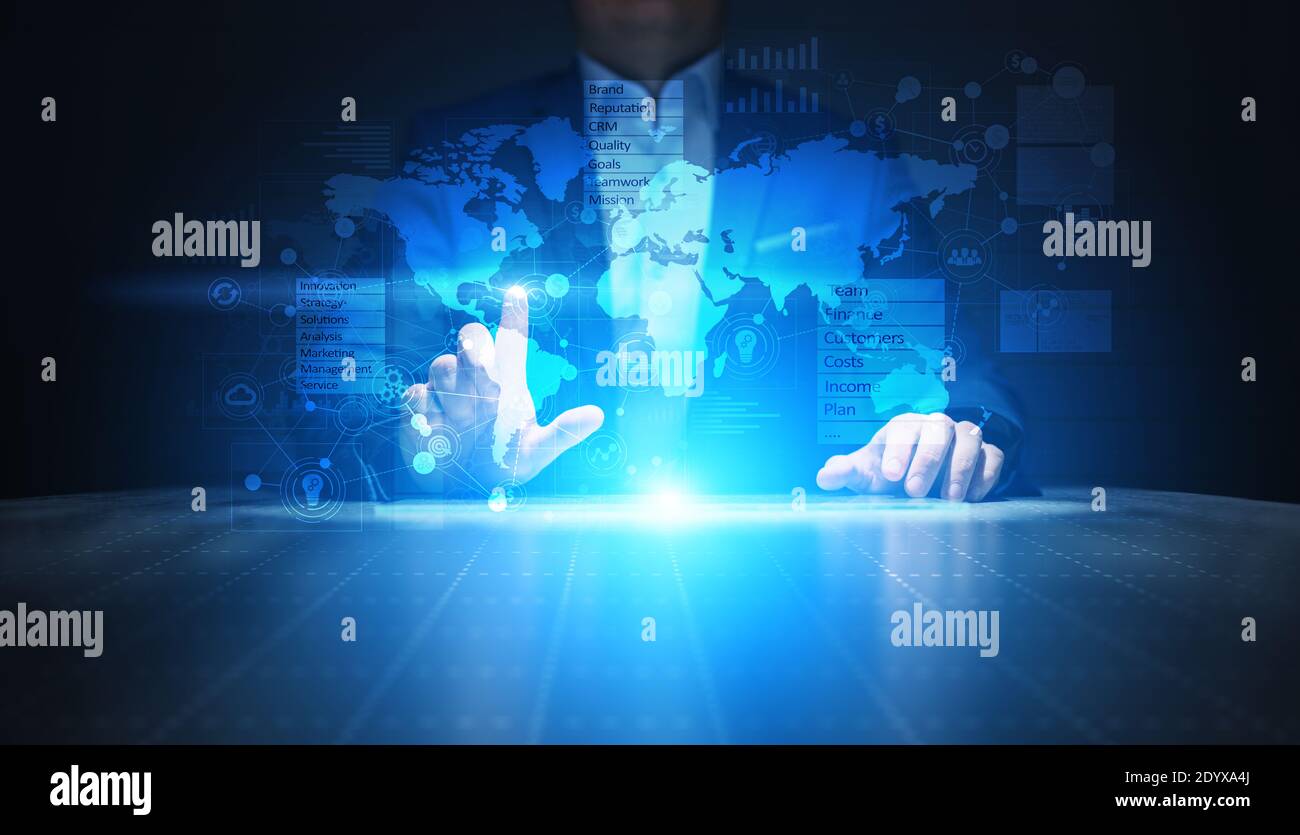 Business and marketing strategy dashboard, Data analysis control panel on virtual screen Stock Photo