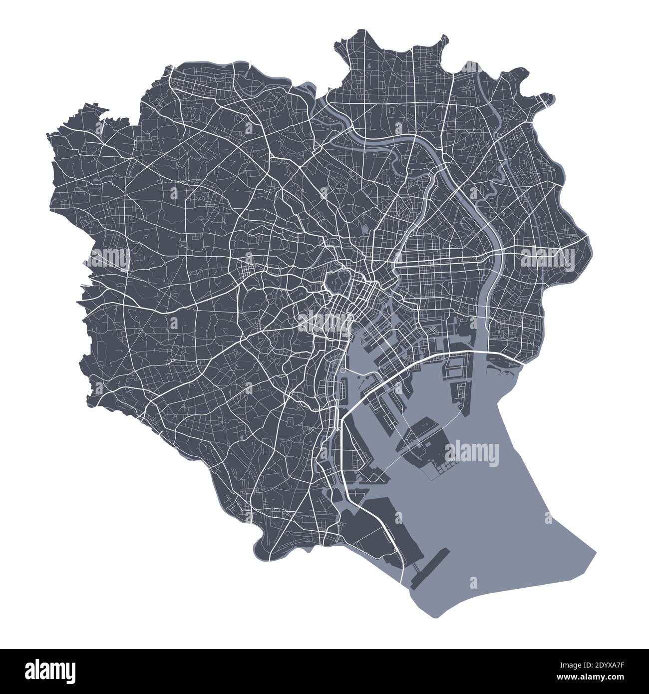 Tokyo map. Detailed vector map of Tokyo city administrative area. Cityscape poster metropolitan aria view. Dark land with white streets, roads and ave Stock Vector