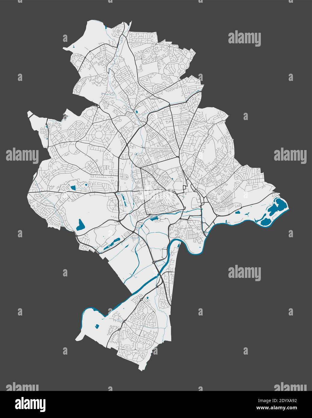 Nottingham map. Detailed map of Nottingham city administrative area. Cityscape panorama. Royalty free vector illustration. Outline map with highways, Stock Vector