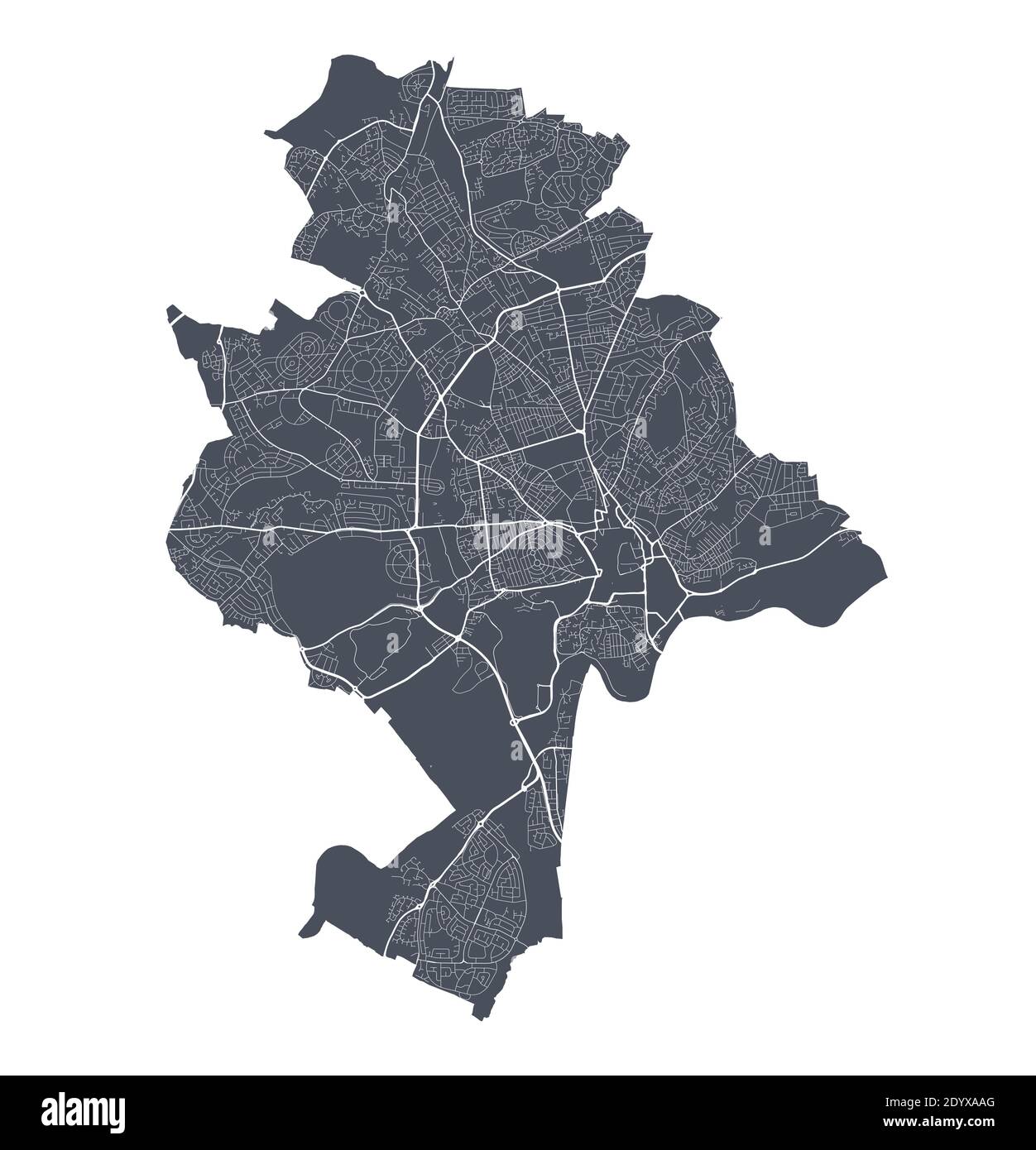Nottingham map. Detailed vector map of Nottingham city administrative area. Cityscape poster metropolitan aria view. Dark land with white streets, roa Stock Vector