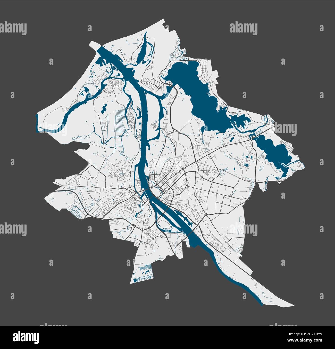 Riga map. Detailed vector map of Riga city administrative area. Poster with streets and water on grey background. Stock Vector