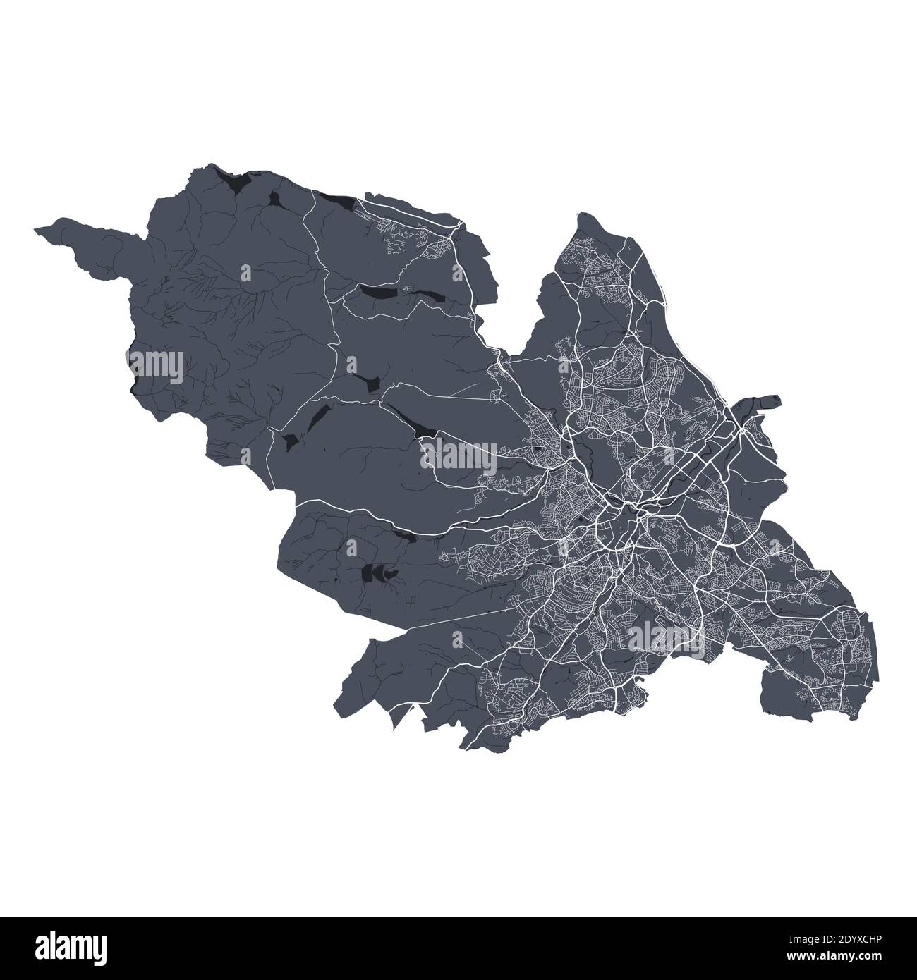 Sheffield map. Detailed vector map of Sheffield city administrative area. Cityscape poster metropolitan aria view. Dark land with white streets, roads Stock Vector