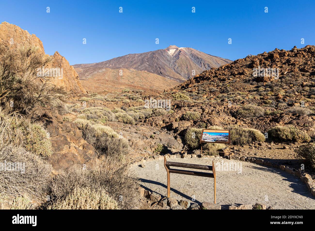 Mirador, Viewpoint at Roques de Garcia towards Mount Teide with tourist information panel explaining the types of lava in view, Las Canadas del Teide, Stock Photo