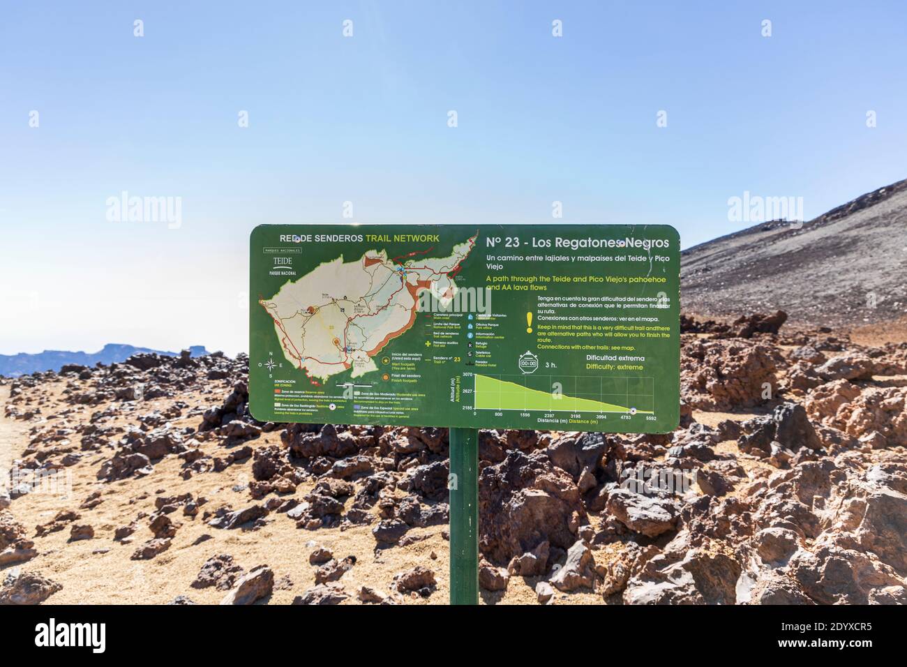 Path signs and directions on trails to the Pico Viejo in the National Park of Las Canadas del Teide, Tenerife, Canary Islands, Spain Stock Photo