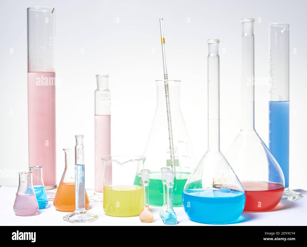 Chemical laboratory equipment. Laboratory glassware, test tubes filled with reagents and