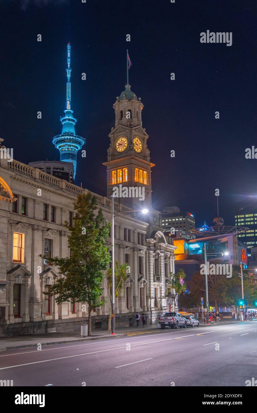 Night view of Auckland Town Hall from Queen street, New Zealand Stock Photo