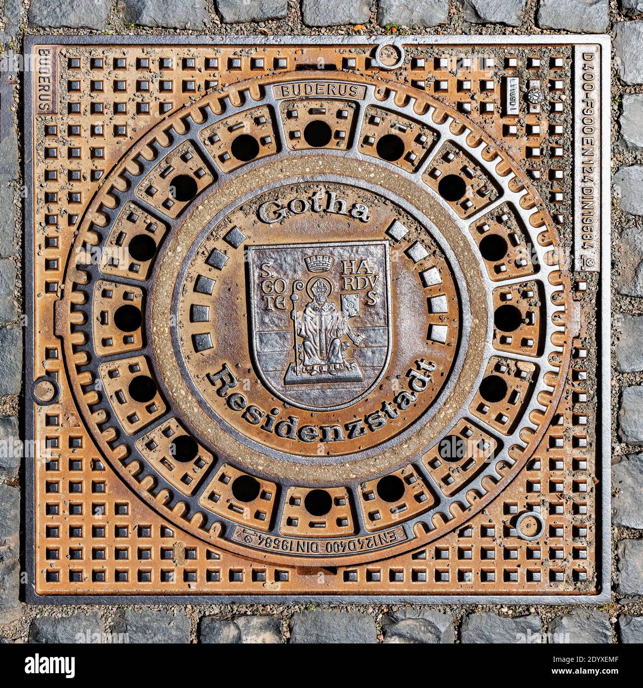 Manhole cover in Gotha with the Coat of arms of Gotha, Thuringia, Germany, Europe Stock Photo