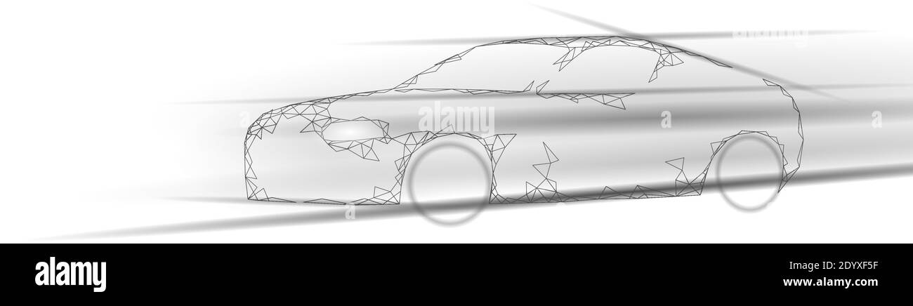 Low poly sport car on dark background. Fast speed highway automobile innovative technology 3D render. Black white ray triangle geometric concept Stock Vector