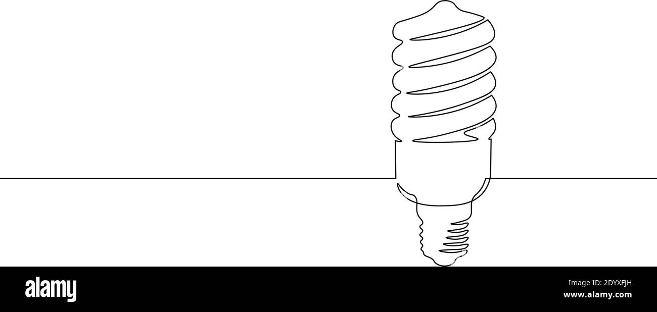 Single continuous line art economy light bulb. Compact fluorescent lamp