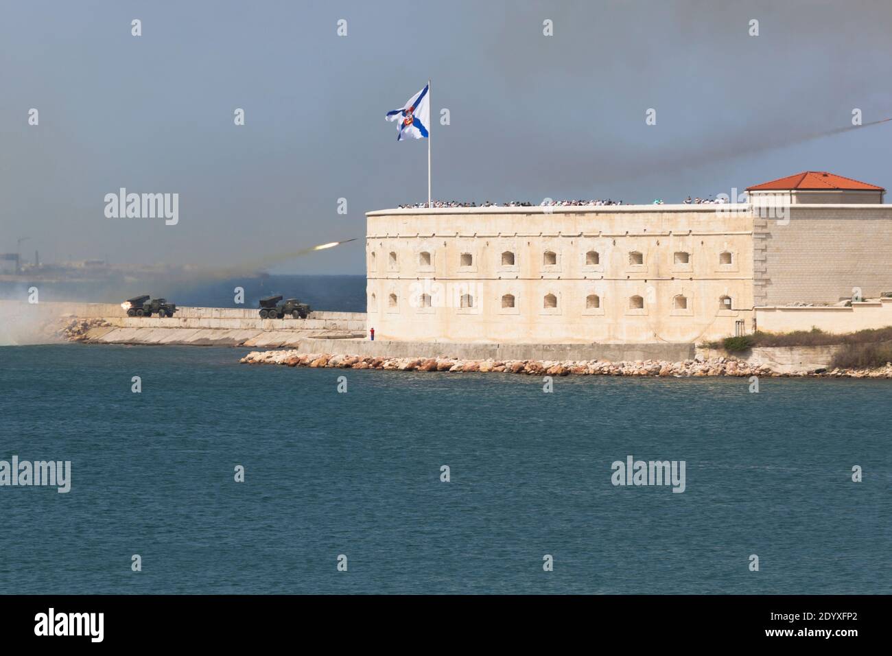 Sevastopol, Crimea, Russia - July 26, 2020: Shooting from the Grad multiple launch rocket systems on Navy Day from the Northern Pier in the Hero City Stock Photo