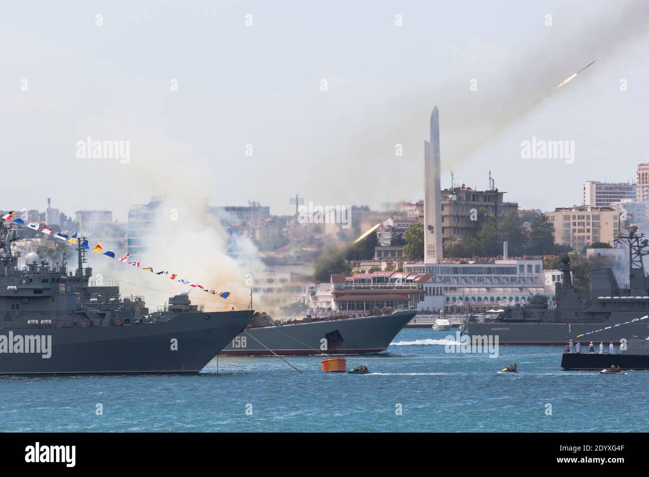 Sevastopol, Crimea, Russia - July 26, 2020: Shooting from the Grad-M multiple launch rocket system from the large landing ship Caesar Kunikov at the p Stock Photo