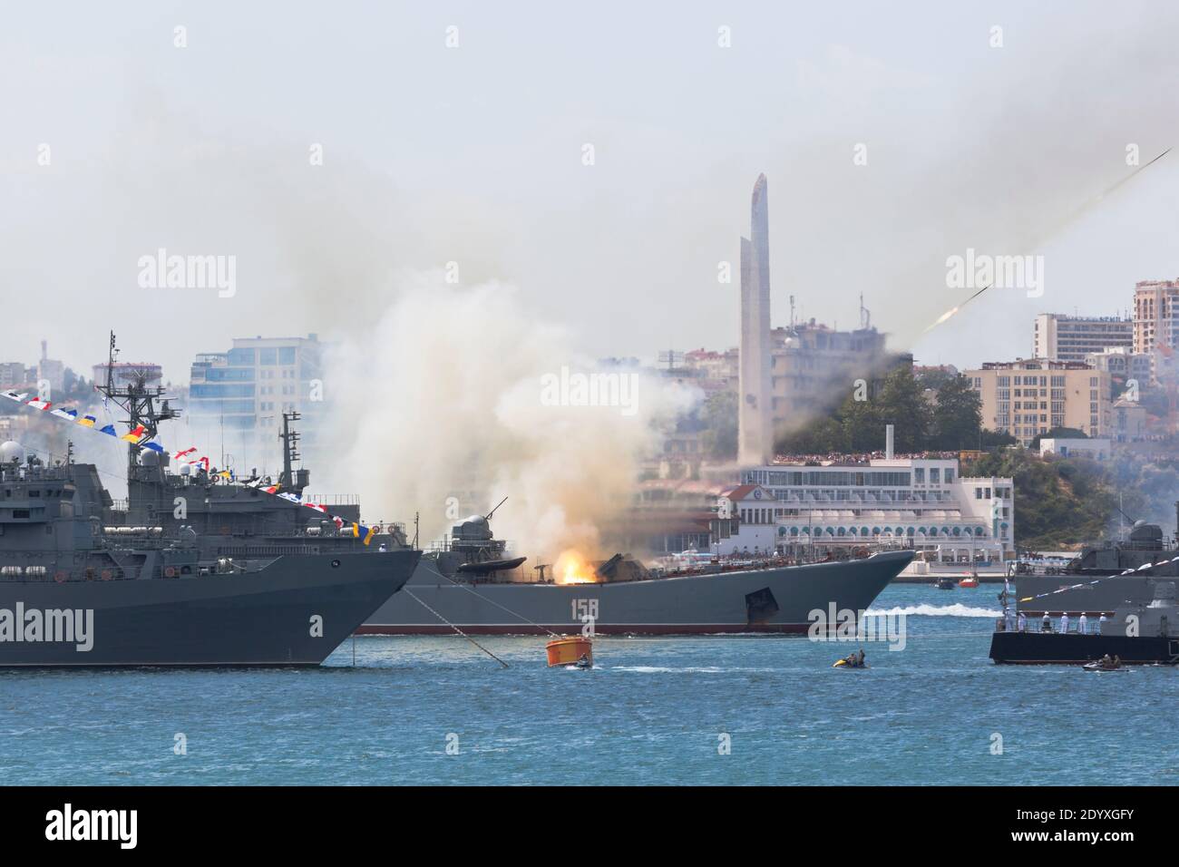 Sevastopol, Crimea, Russia - July 26, 2020: Large landing ship Caesar Kunikov fires from the Grad-M multiple launch rocket system at the celebration o Stock Photo