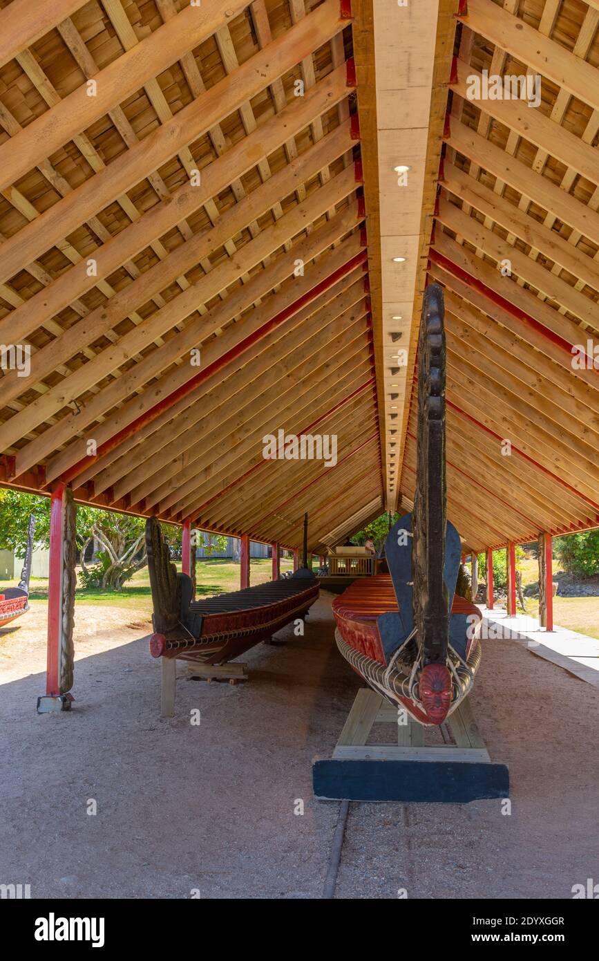 Maori war canoe at Waitangi treaty grounds in New Zealand Stock Photo